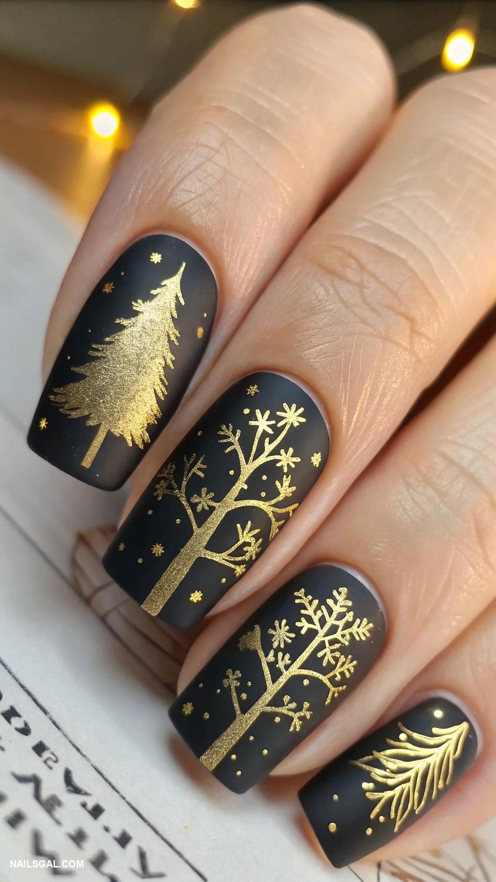 christmas tree nails Matte black with gold tree silhouettes
