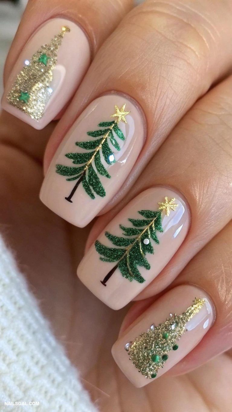 christmas tree nails Nude base with metallic green tree accents