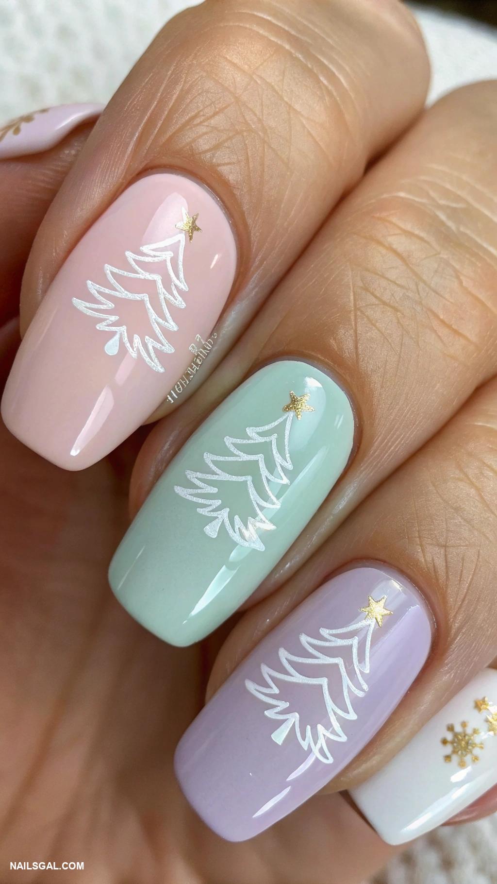christmas tree nails Pastel colors with minimalist tree designs