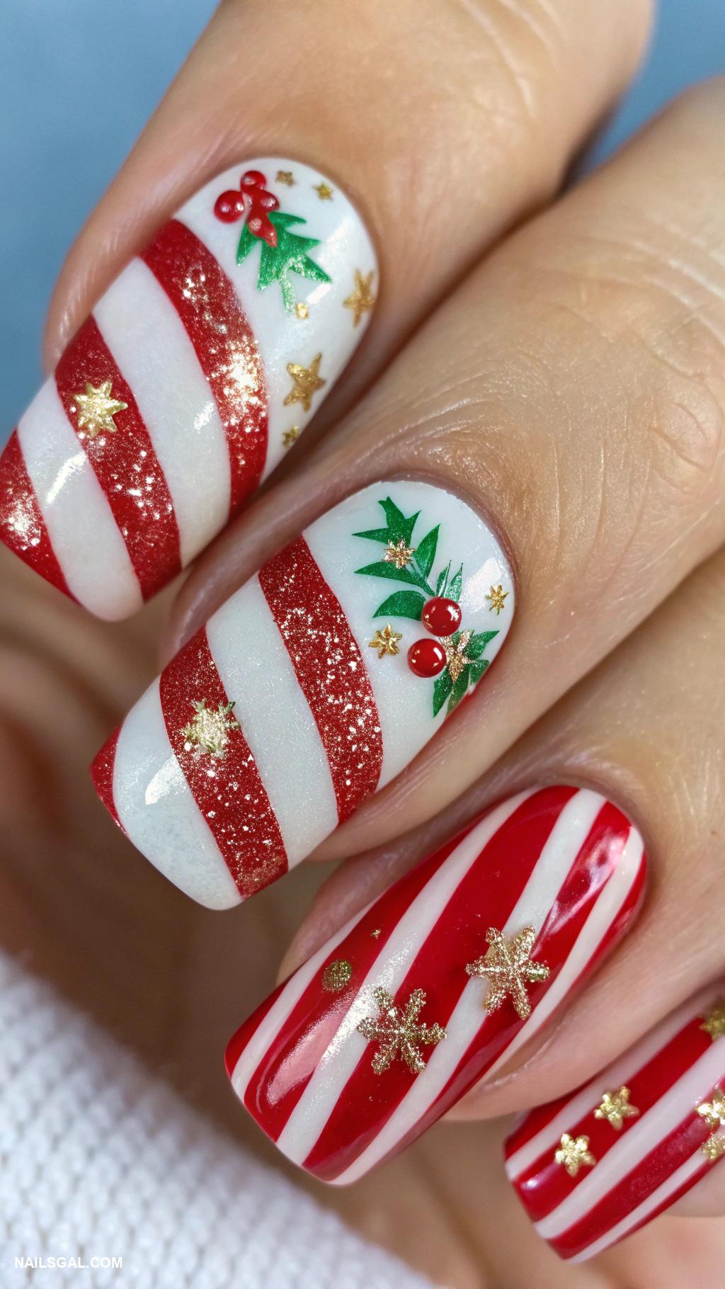 christmas tree nails Red and white striped with tiny ornaments