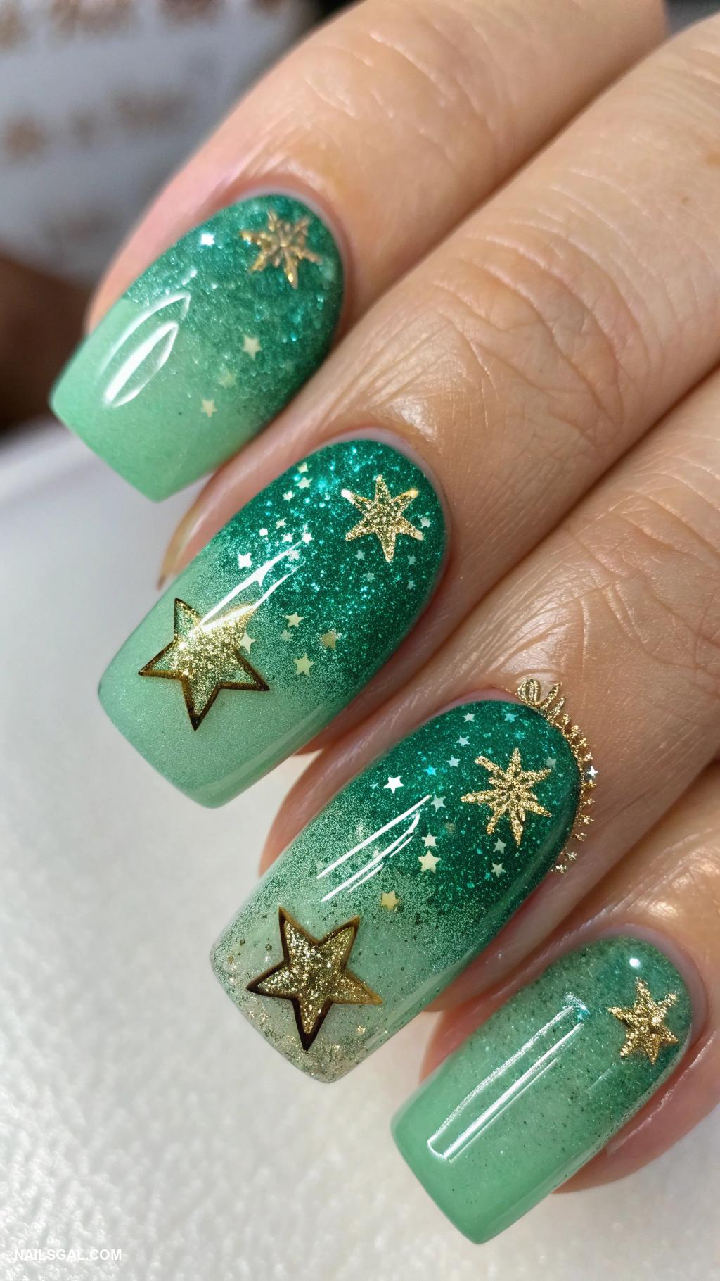 christmas tree nails Sparkly green ombre with gold star