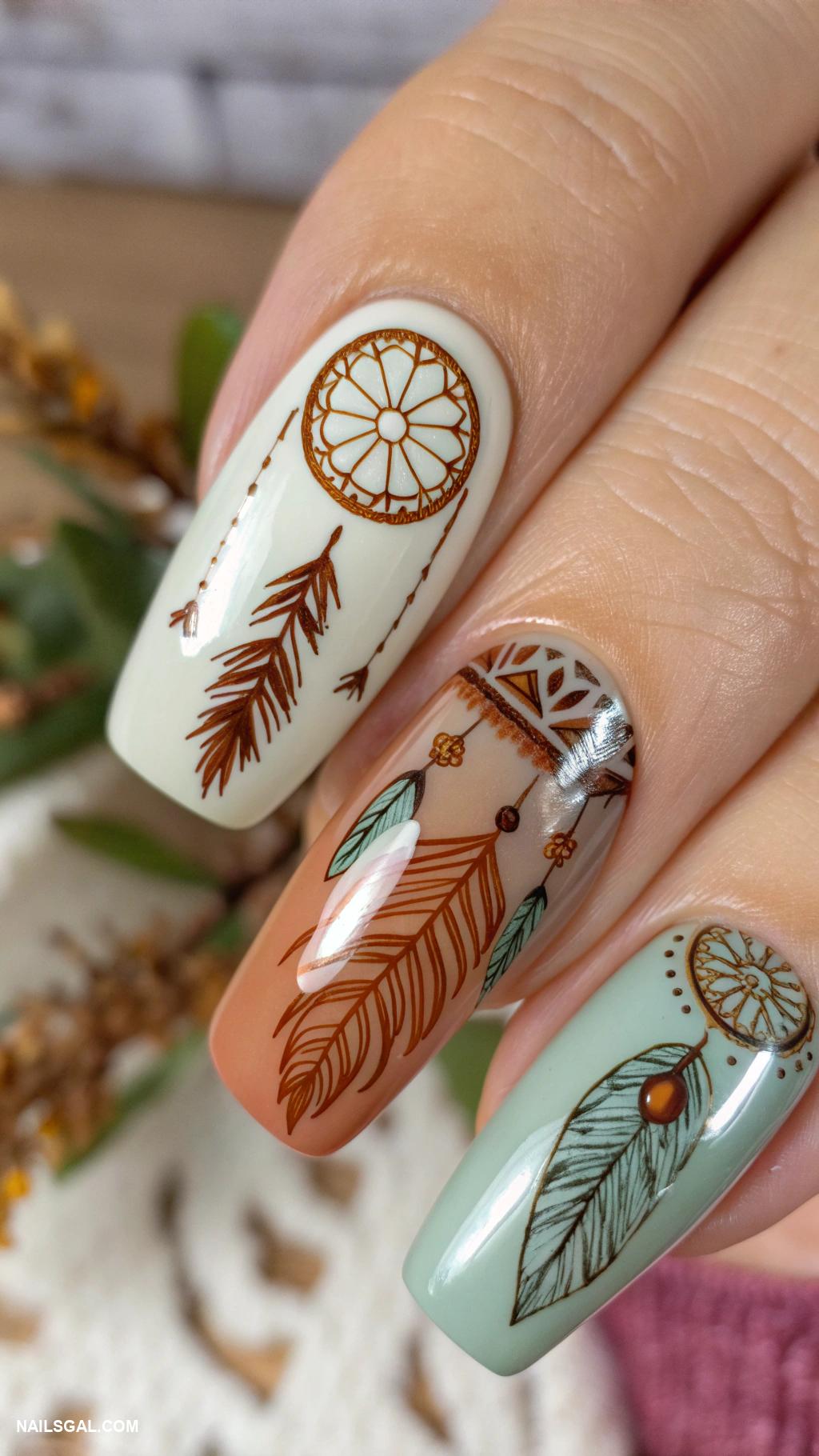 country nails Bohemian dreamcatcher nails with earthy tones