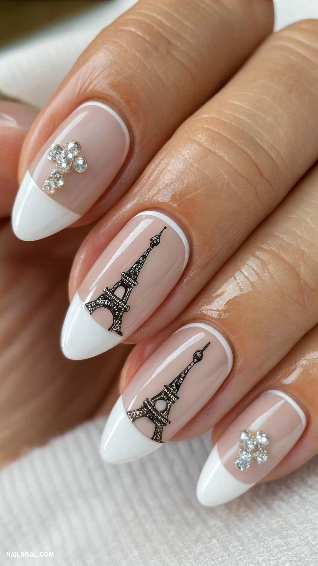 country nails French tips with tiny Eiffel Tower design