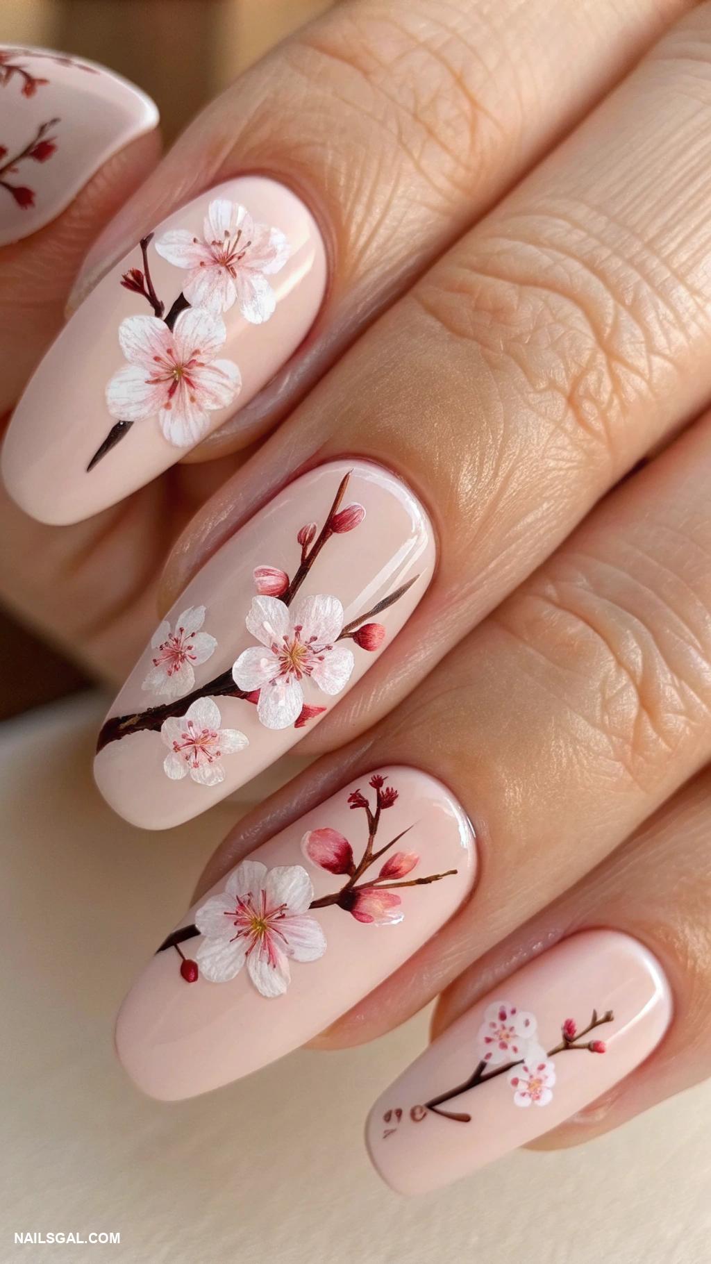 country nails Japanese cherry blossoms on nude background
