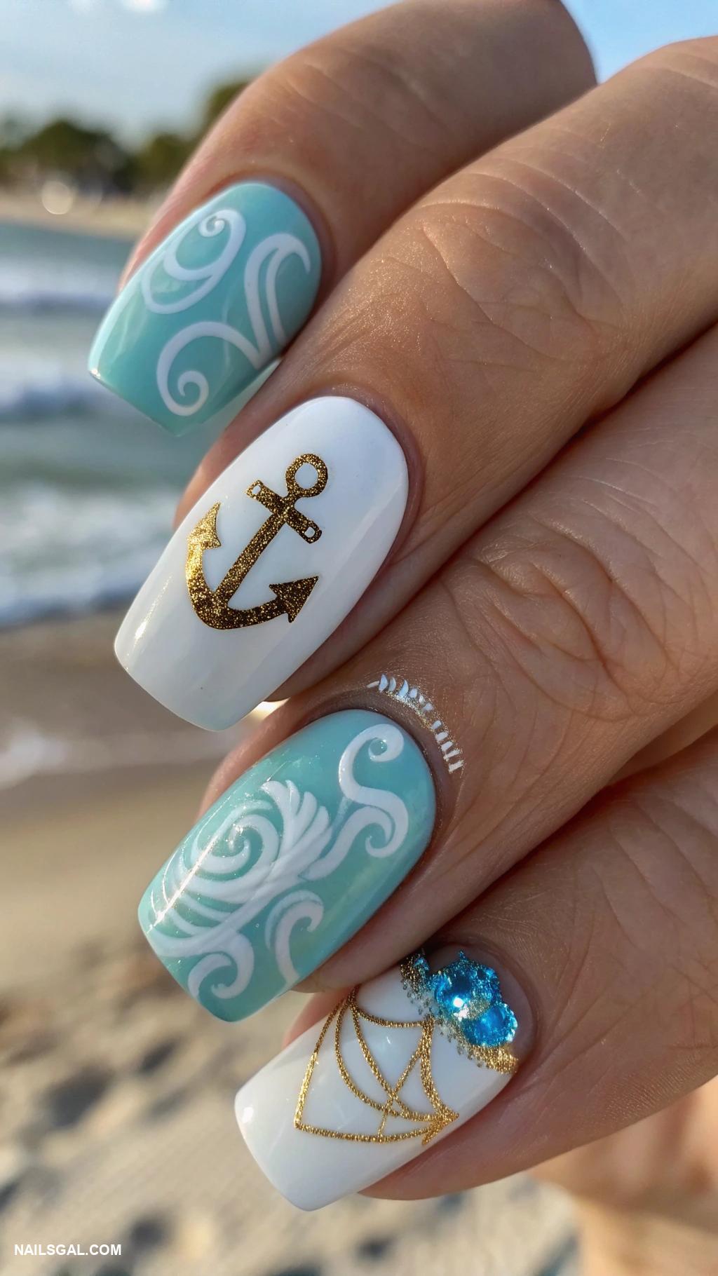country nails Nautical theme with anchor and waves
