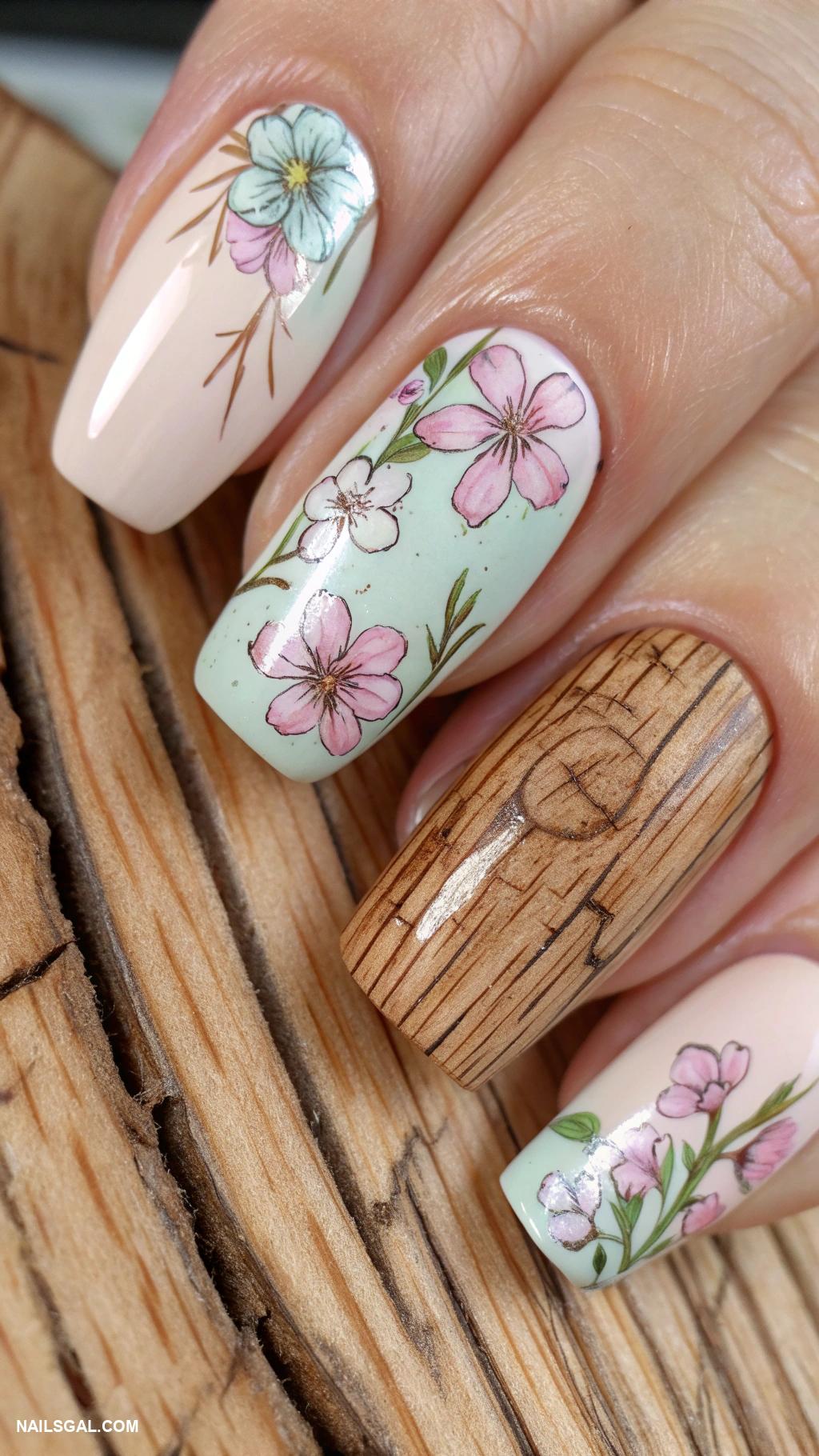 country nails Rustic wood pattern with flower accents