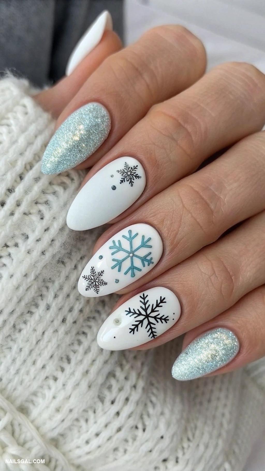 country nails Scandinavian winter scene with snowflakes