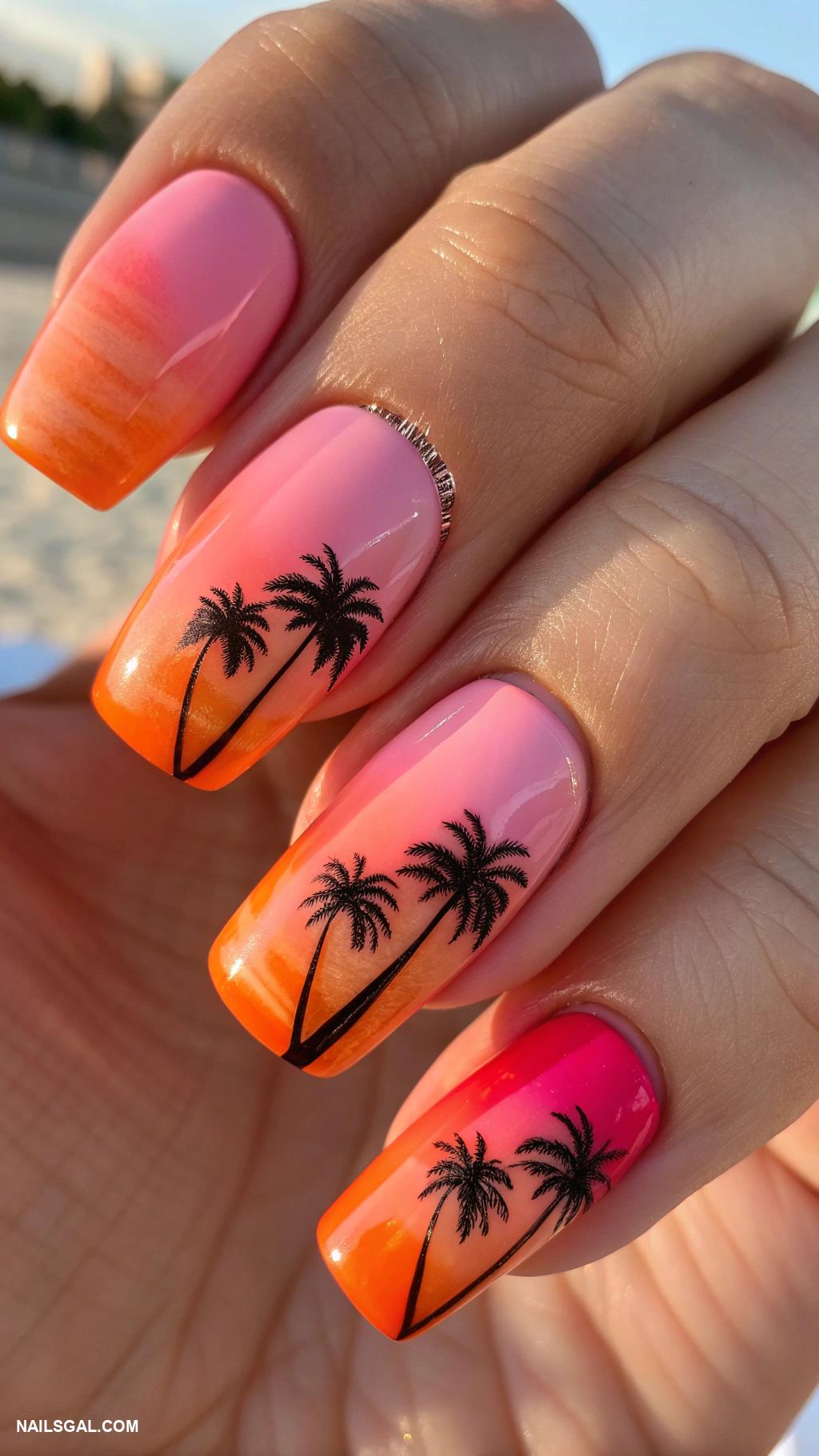 country nails Sunset gradient with palm tree silhouette