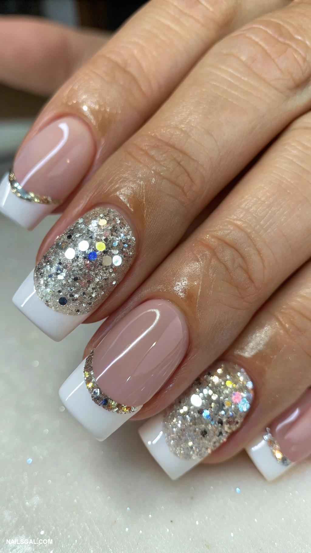 disco ball nails Classic French tip with glittering disco finish