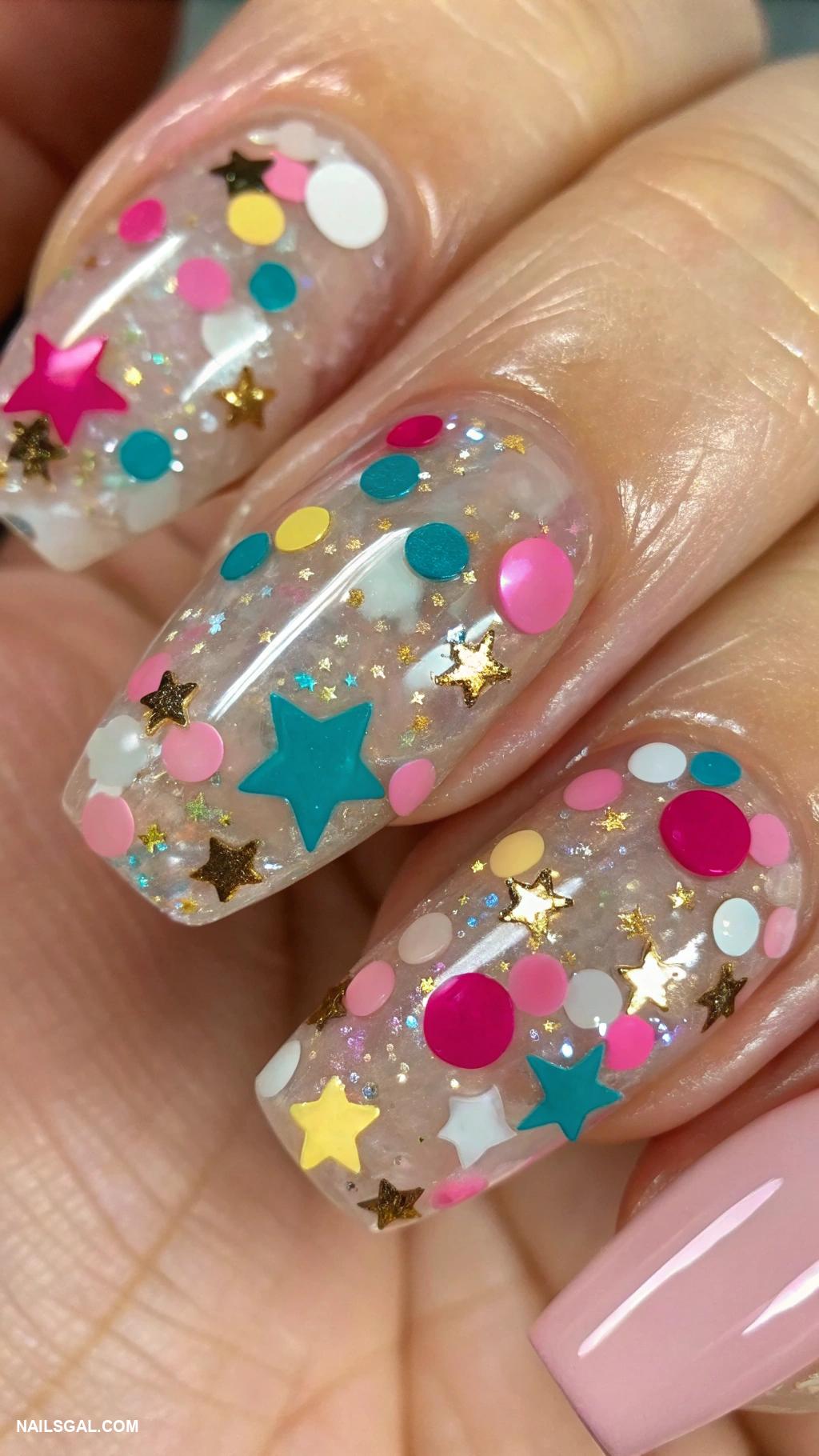 disco ball nails Clear base with vibrant confetti and glitter