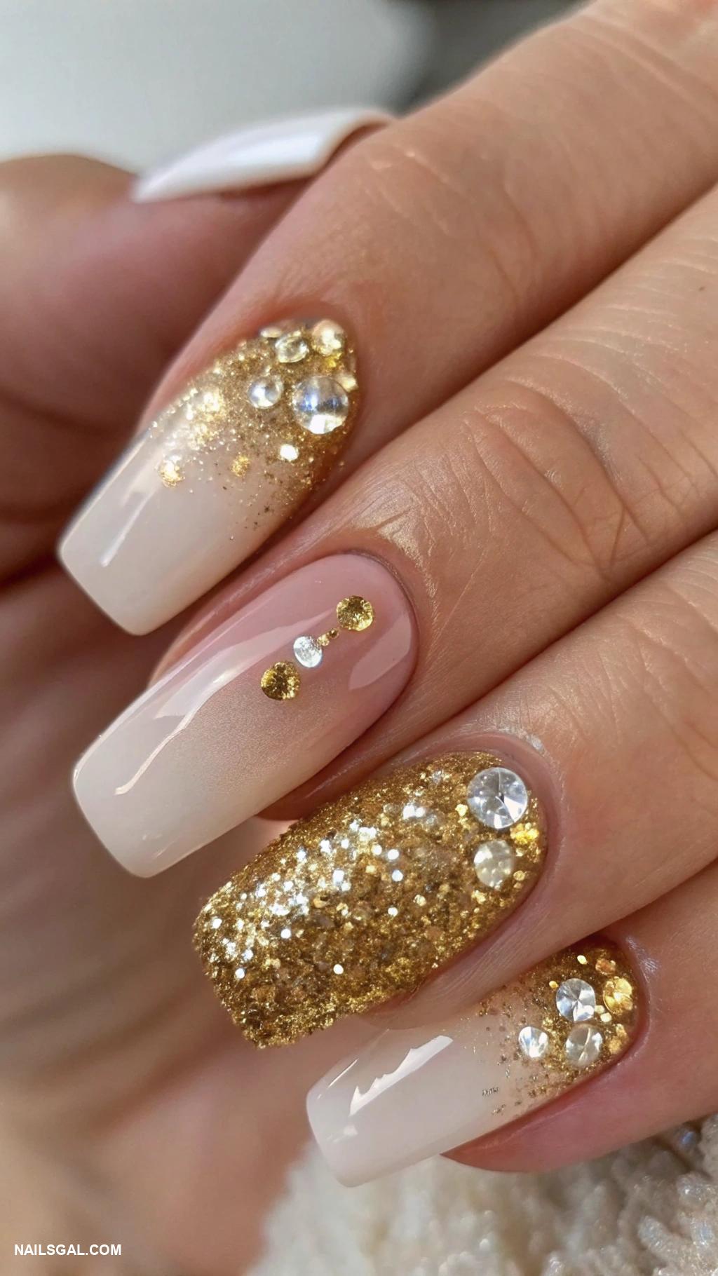 disco ball nails Gold glitter ombre with tiny mirror pieces