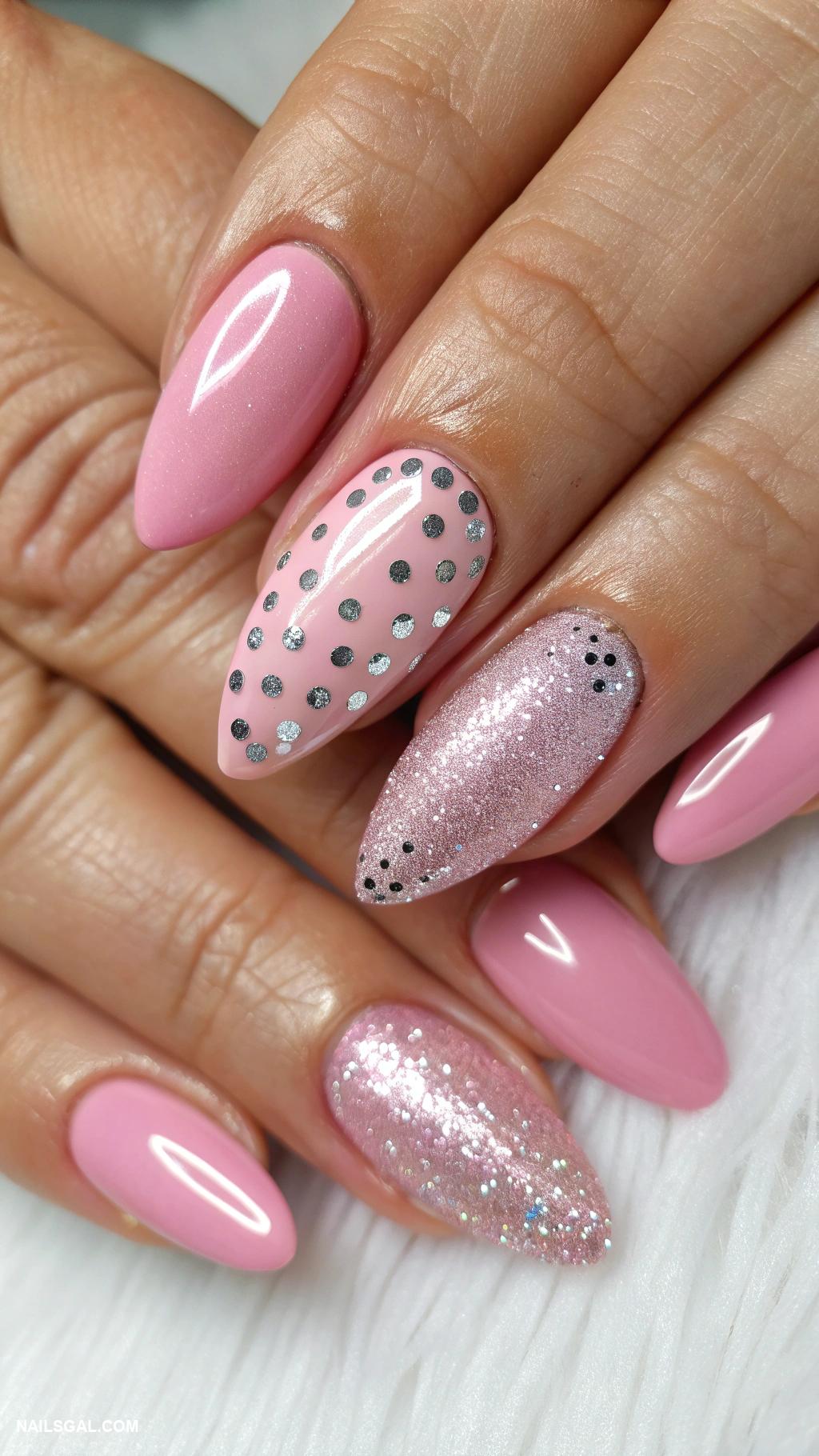 disco ball nails Metallic pink base with scattered silver dots
