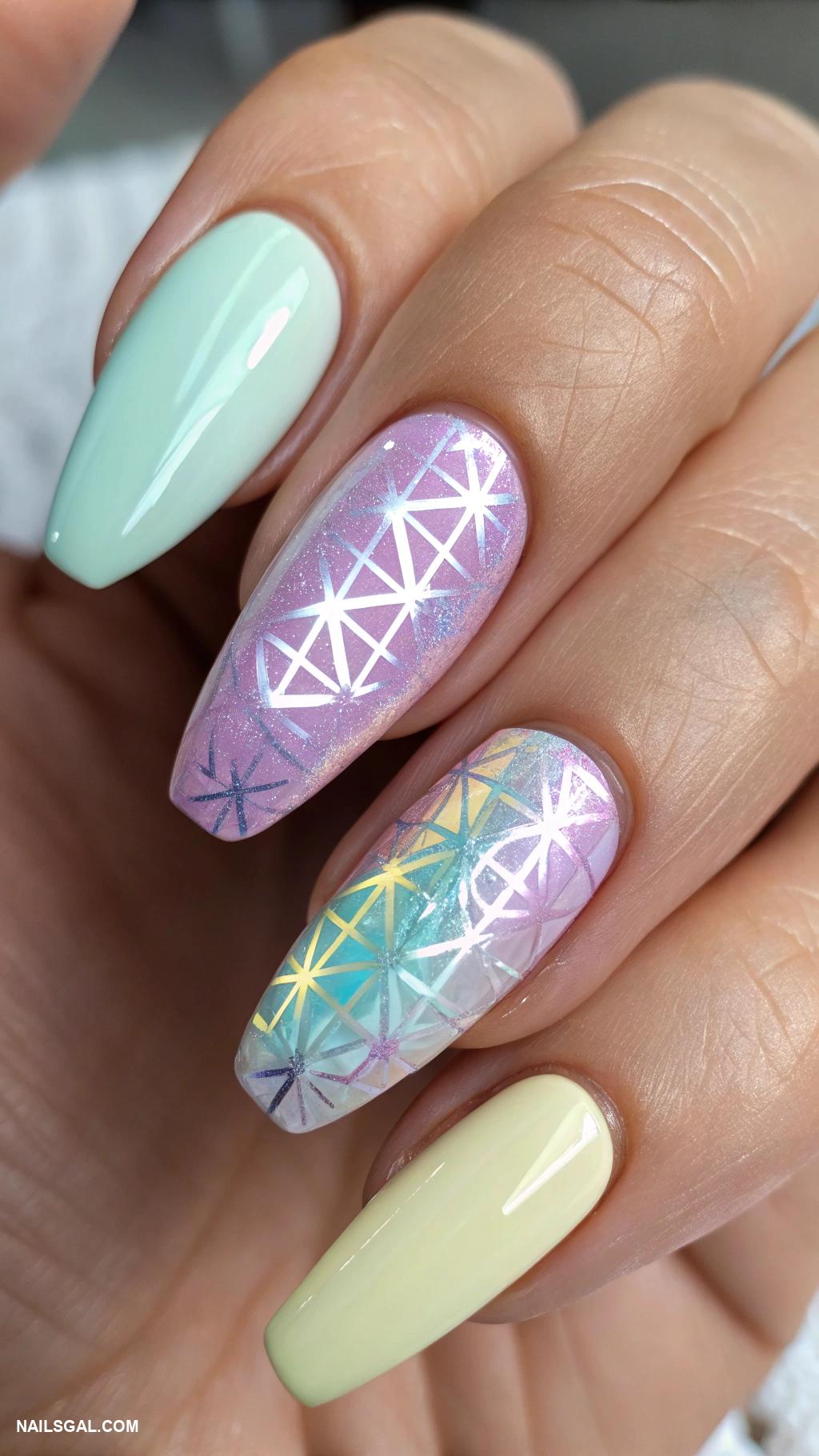 disco ball nails Pastel colors topped with holographic nail foil