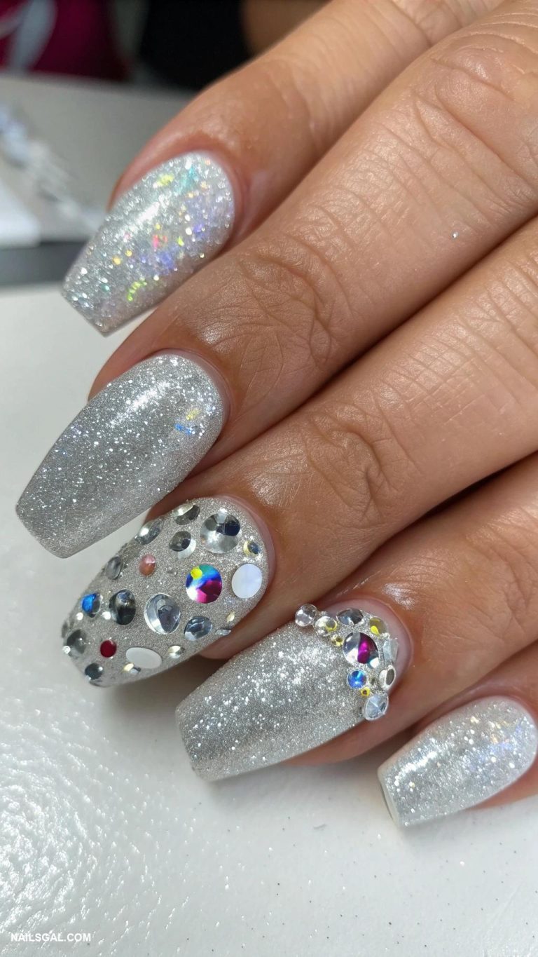 disco ball nails Silver glitter with reflective disco accents