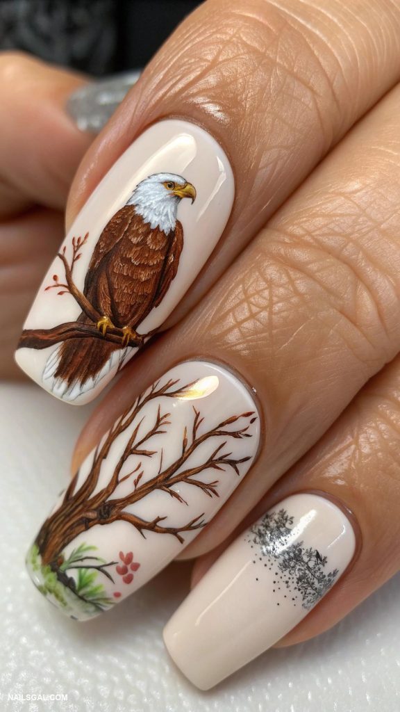 eagle nails Eagle perched on tree branch nail art