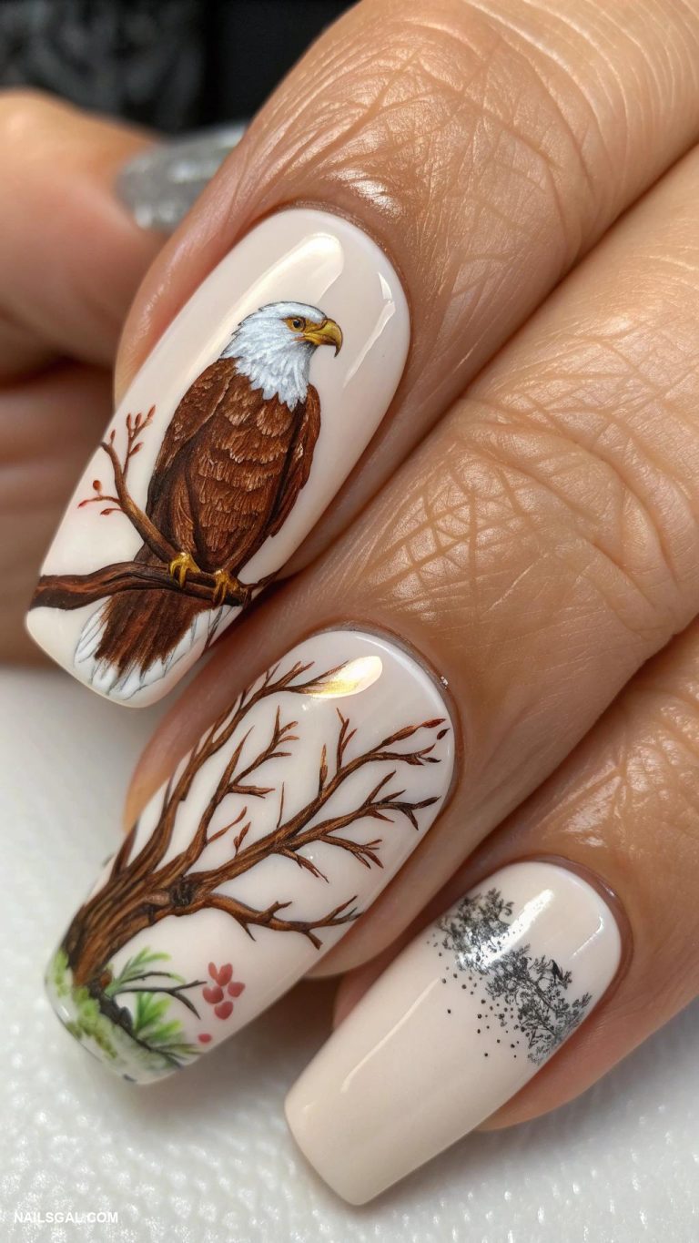 eagle nails Eagle perched on tree branch nail art