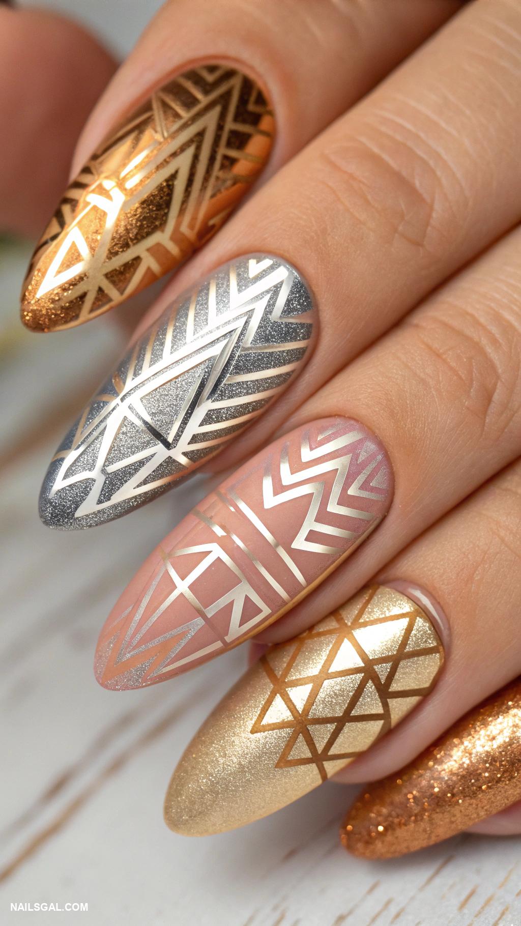 elegant nails Geometric patterns in metallic colors