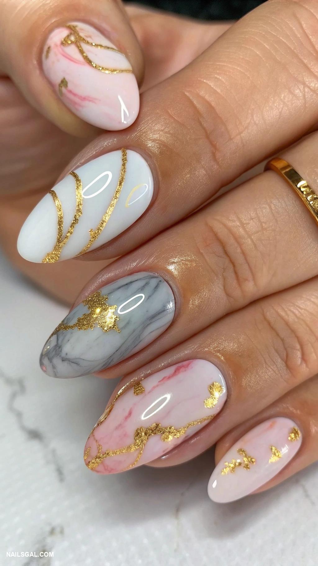 elegant nails Marble effect with gold shimmer