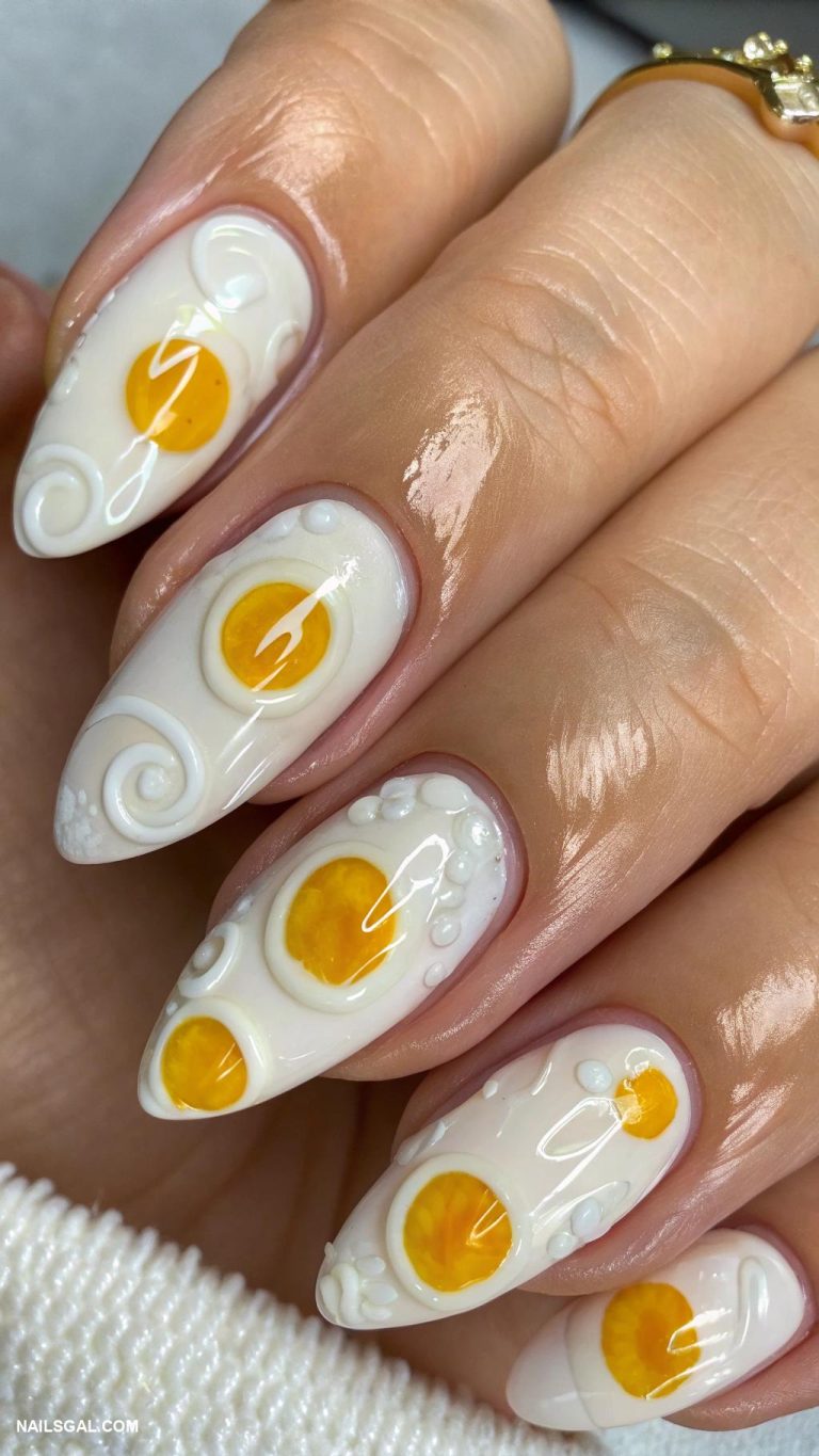 fried eggs nail art Egg white swirls with glossy finish