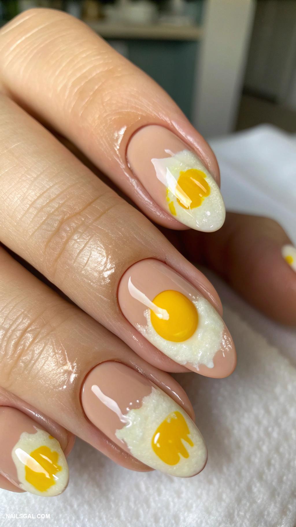 fried eggs nail art Egg yolk drips on nude nails