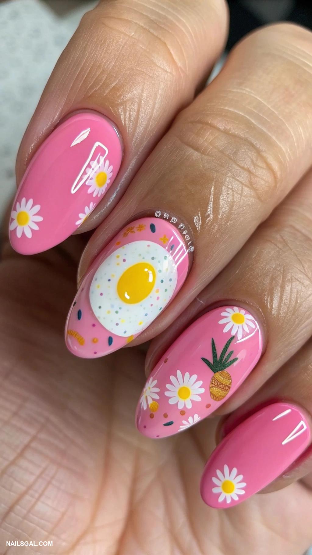 fried eggs nail art Half fried egg on vibrant pink base
