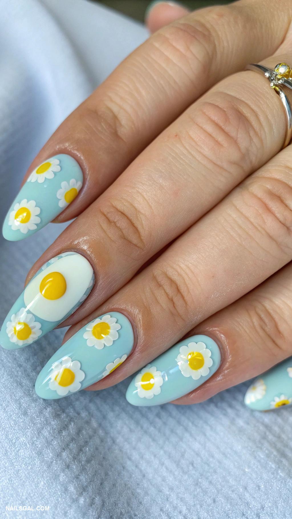 fried eggs nail art Mini eggs on pastel blue background