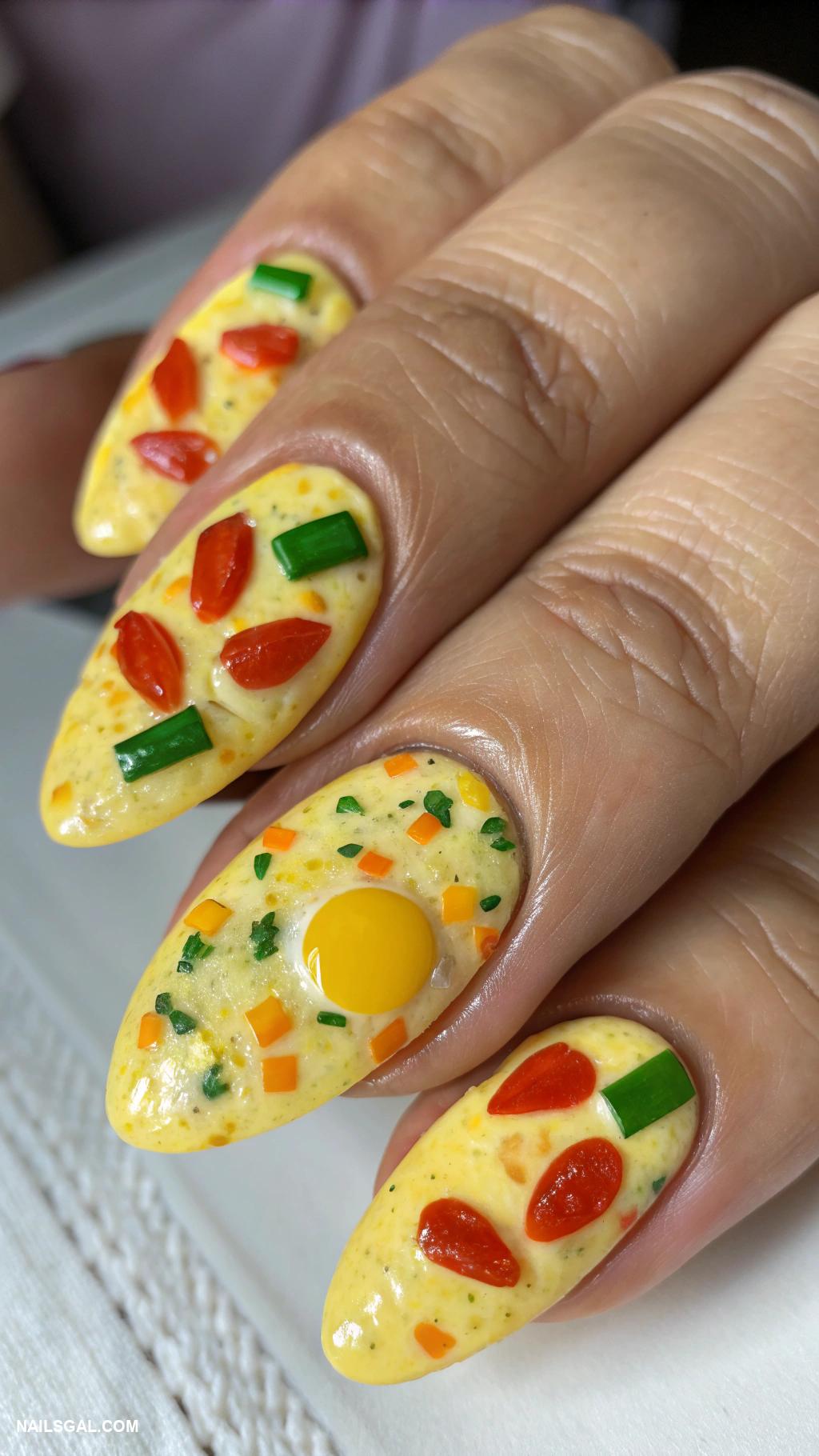 fried eggs nail art Omelette design with colorful toppings