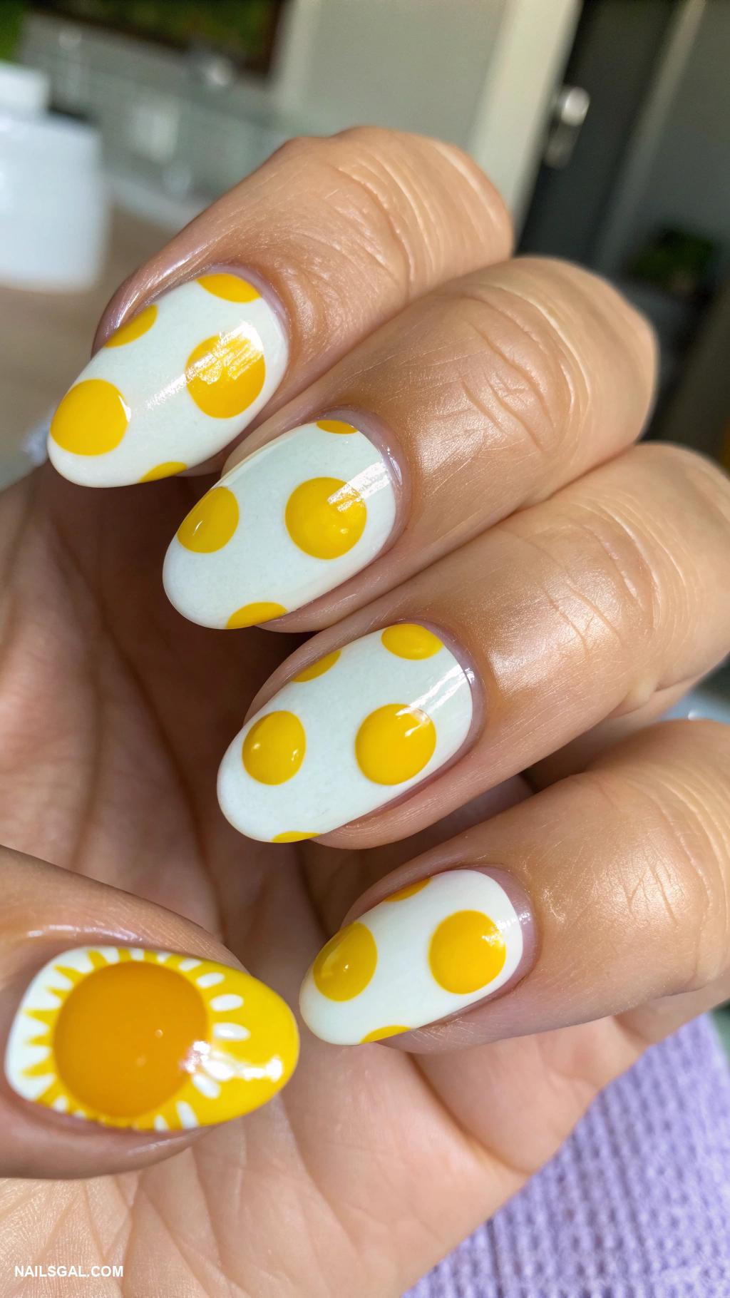 fried eggs nail art Sunny side up yellow with white accents