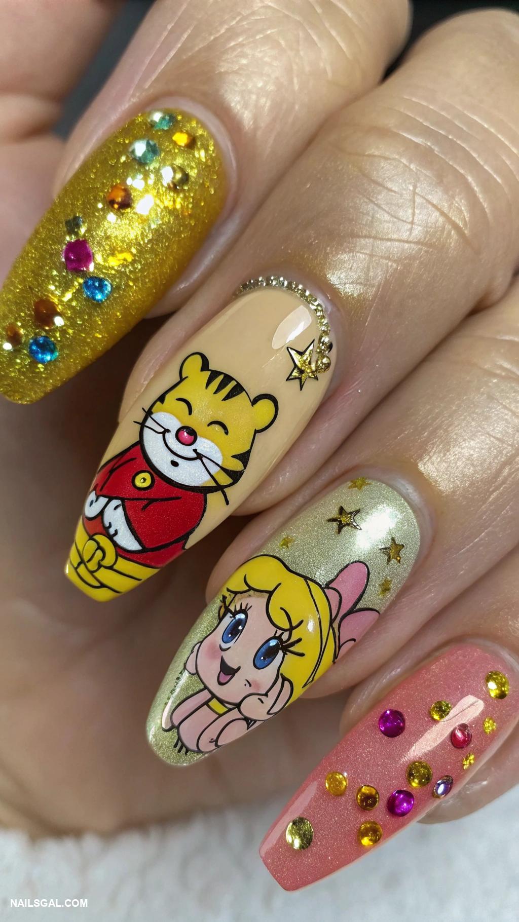 gold y2k nails Cartoon character nail art