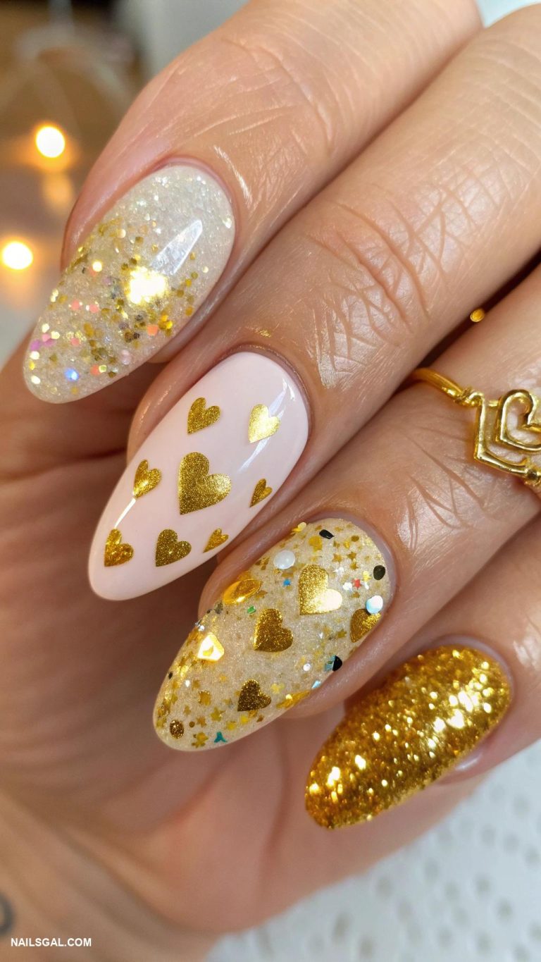 gold y2k nails Chunky glitter with hearts