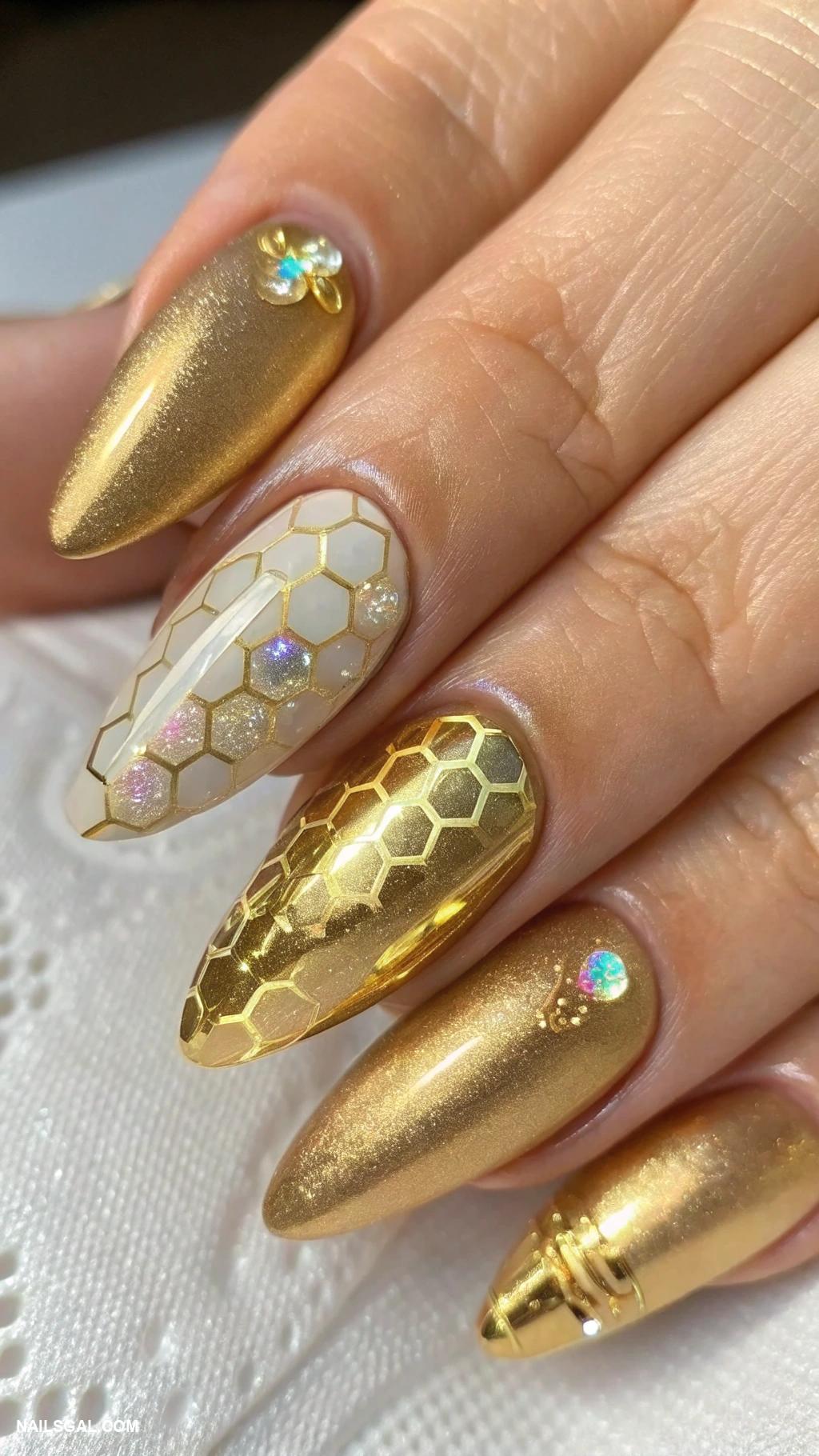 gold y2k nails Hexagonal holographic accents