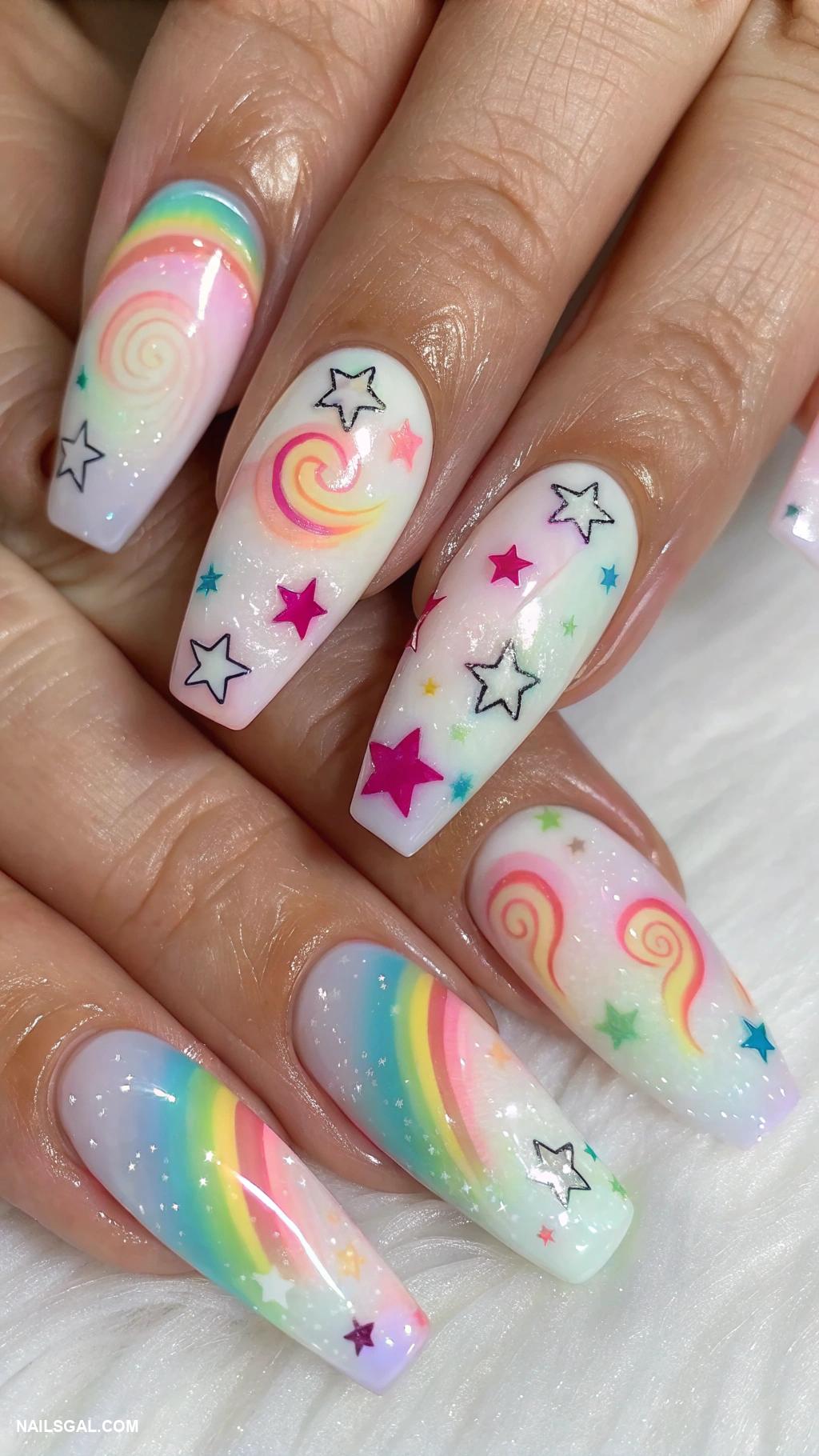 gold y2k nails Rainbow swirls with stars