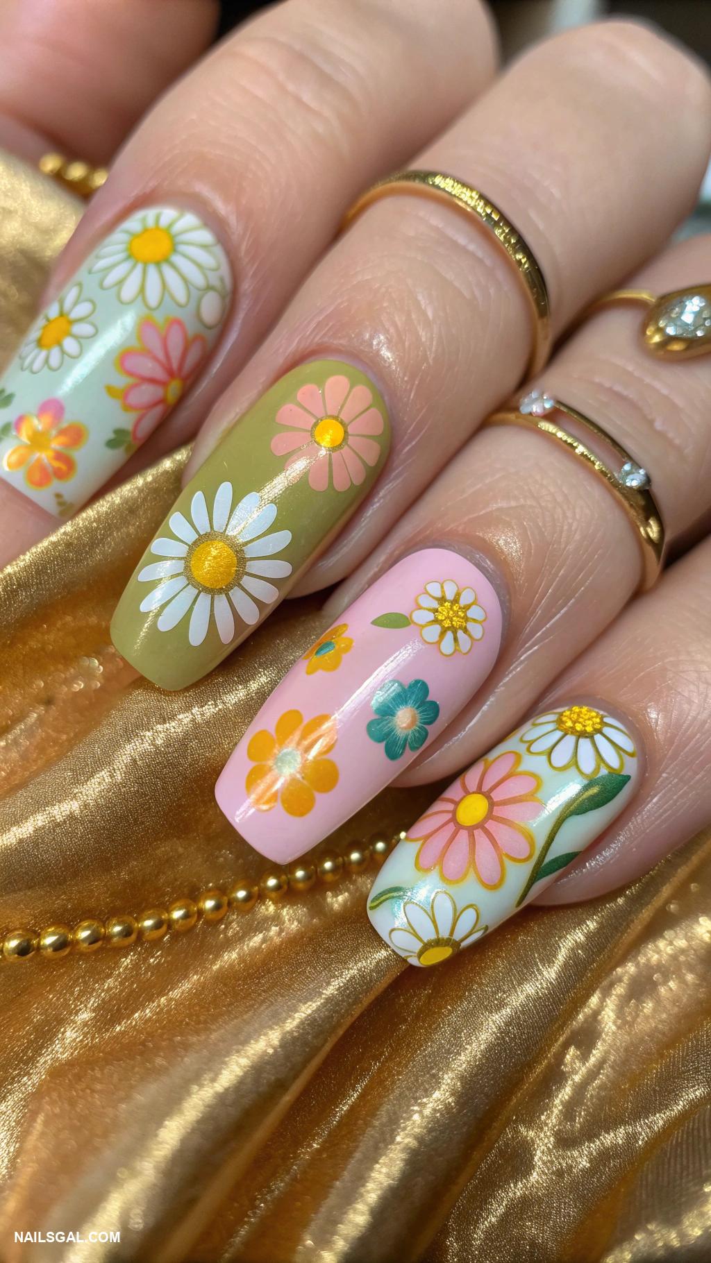 gold y2k nails Retro floral motifs
