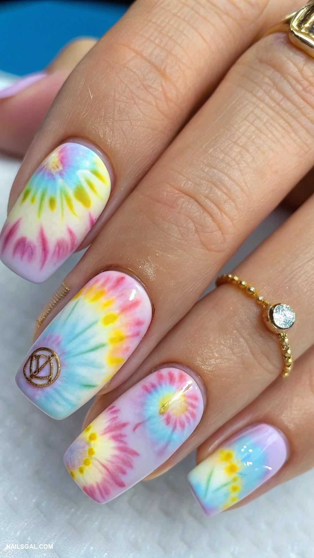 gold y2k nails Tie dye patterns on short nails