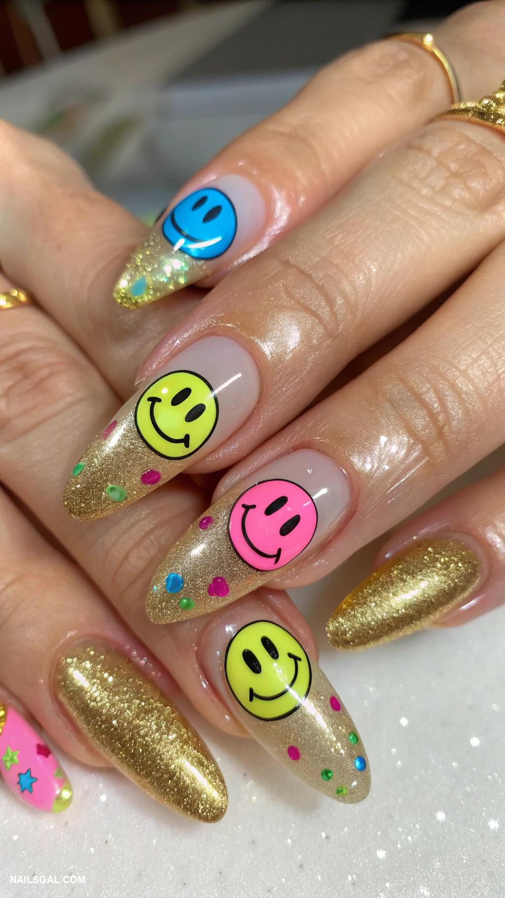 gold y2k nails Y2K smiley face designs