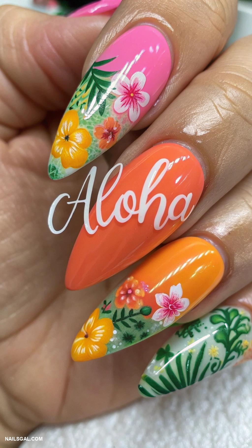 hawaii nails Aloha text with floral borders