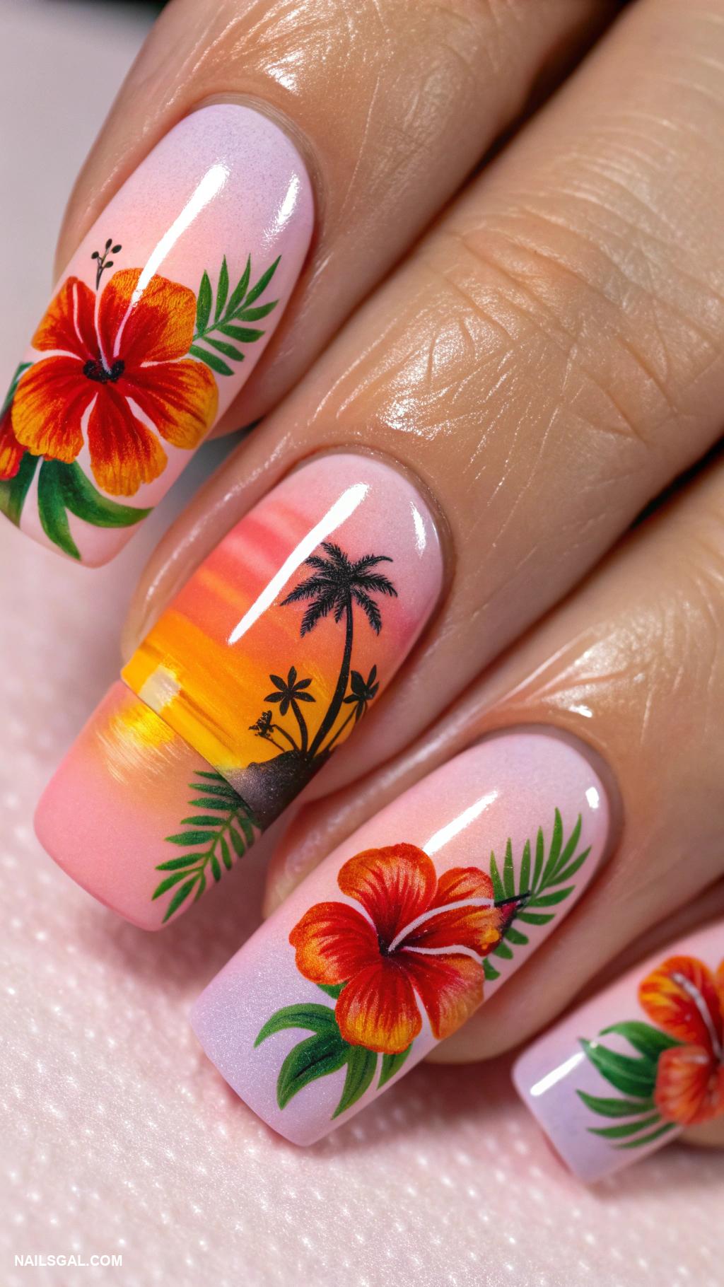 hawaii nails Bright hibiscus flowers with gradient sunset colors