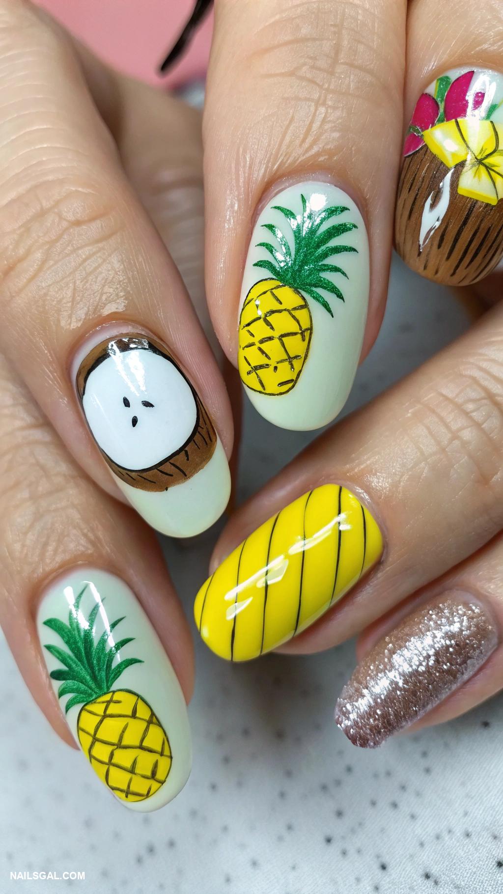 hawaii nails Fruit inspired designs with pineapple and coconuts