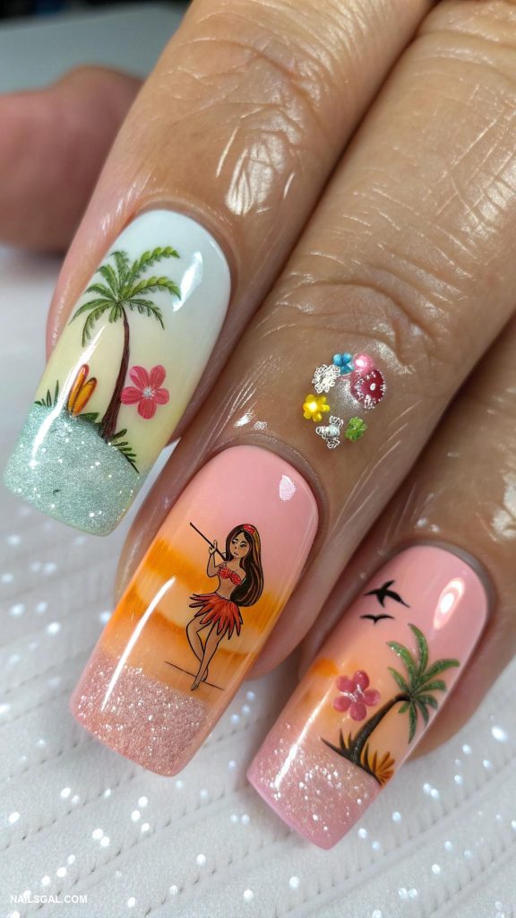 hawaii nails Hula girl figurines and beach elements