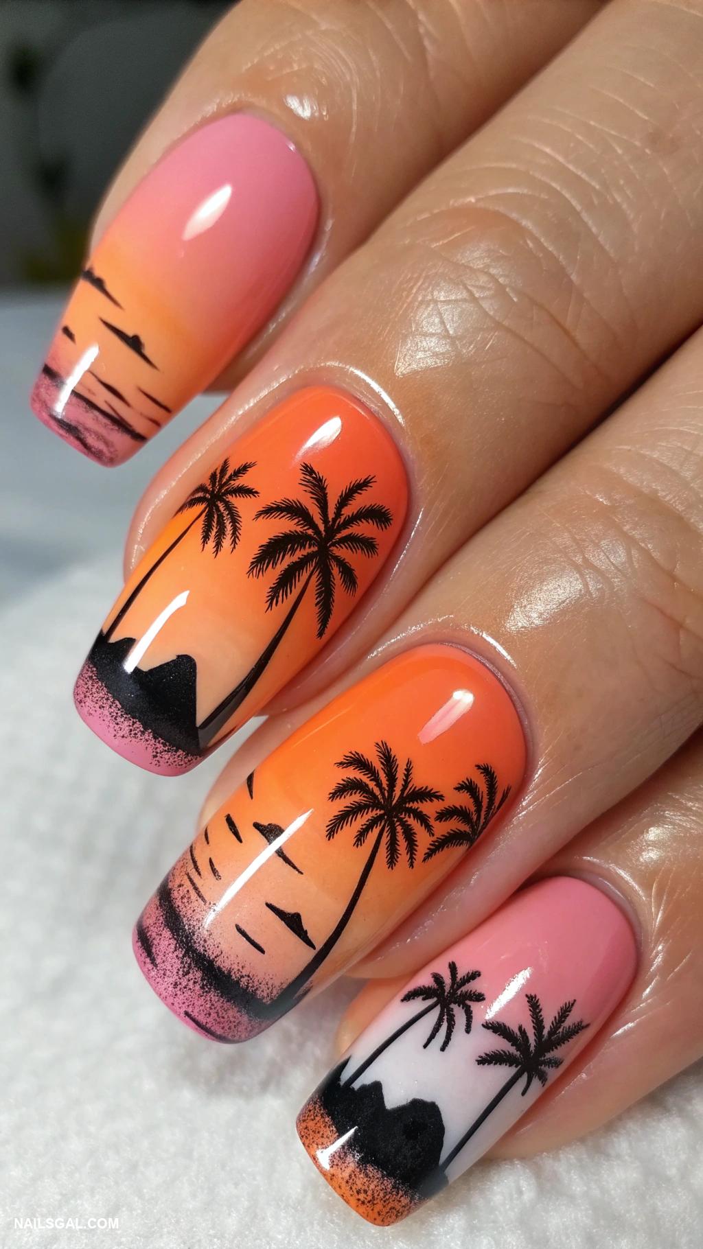hawaii nails Sunset silhouettes of mountains and palm trees