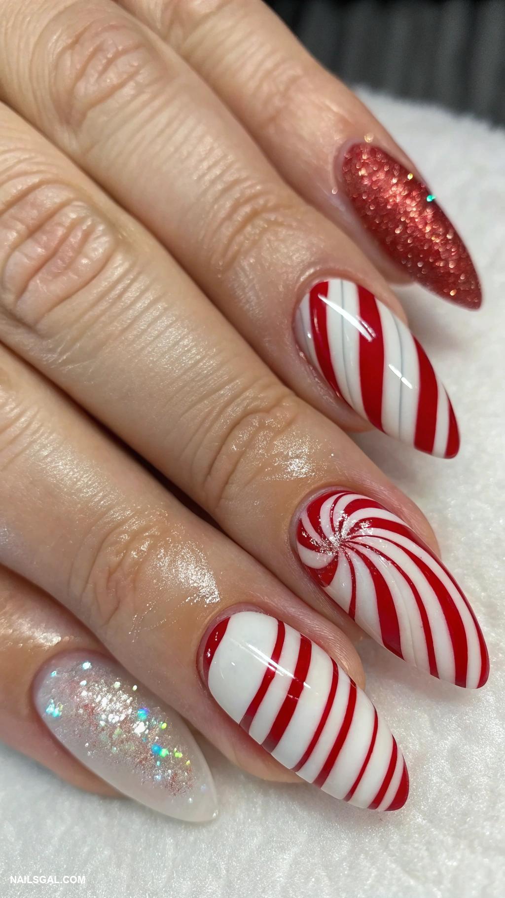 holiday nails Candy cane stripes on all fingers