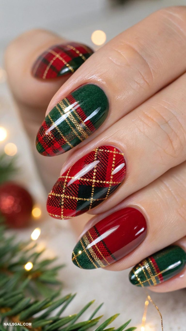 holiday nails Festive red and green plaid design