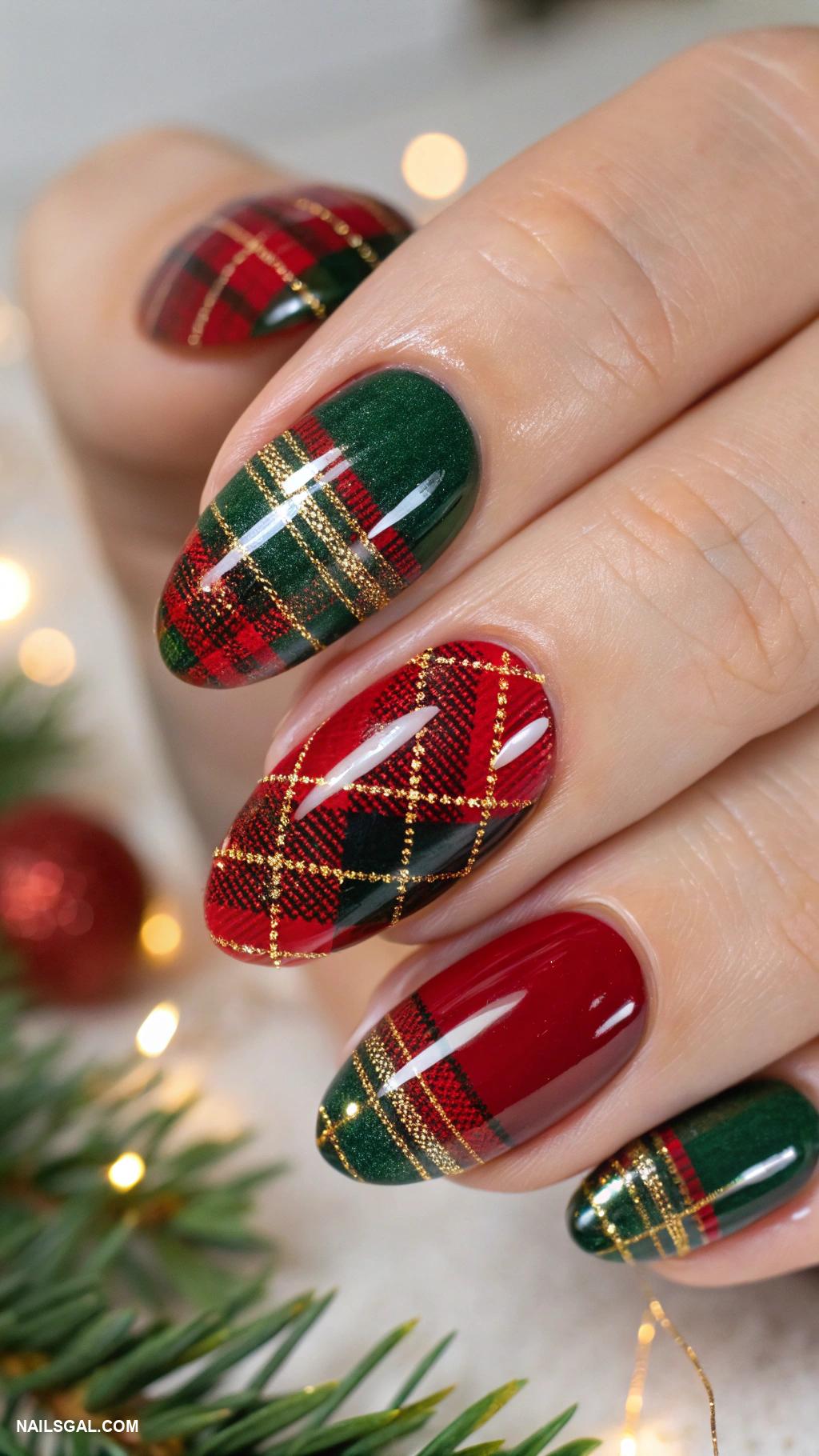 holiday nails Festive red and green plaid design