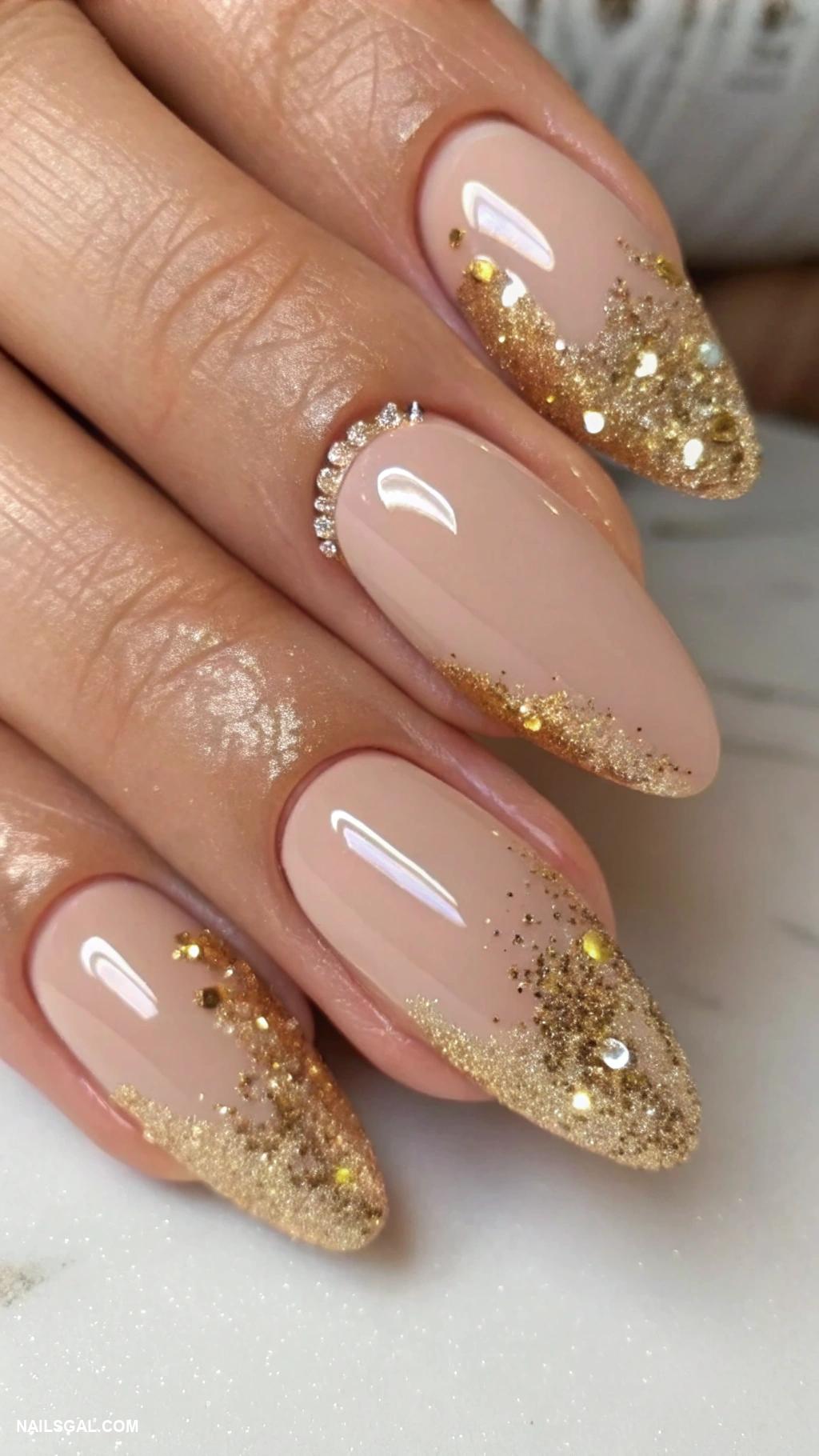 holiday nails Gold glitter accents on nude nails