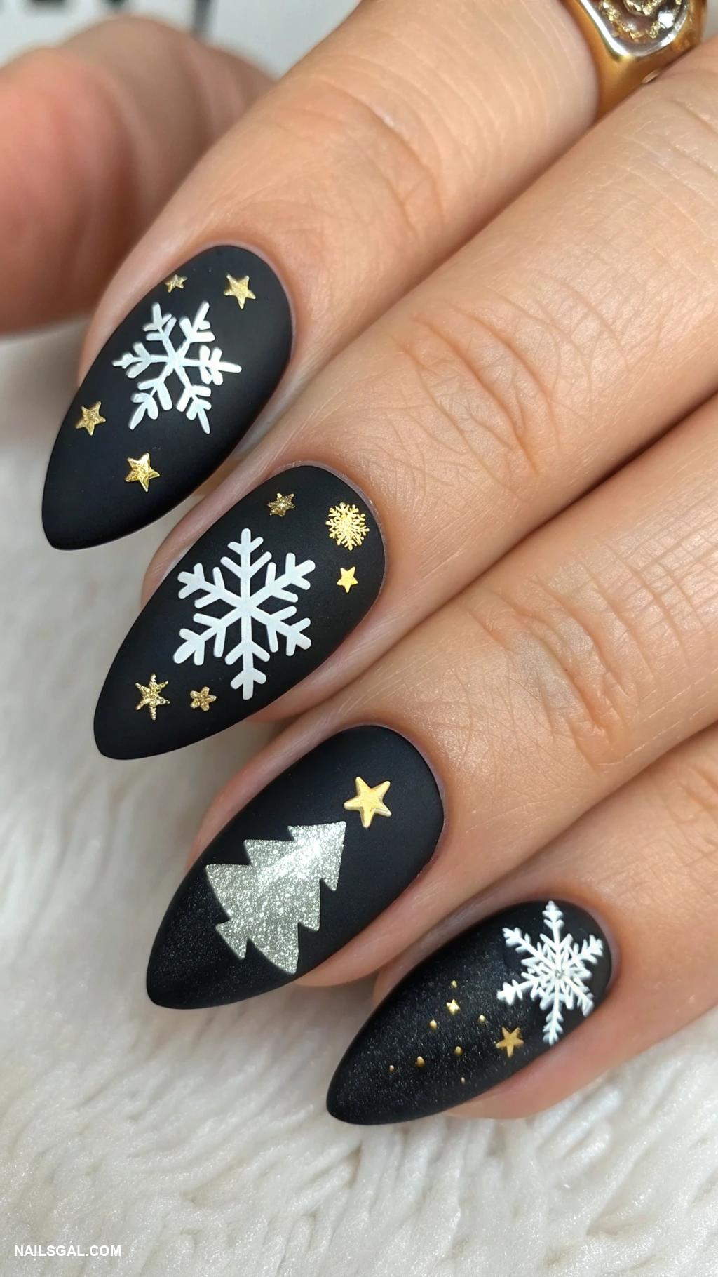 holiday nails Matte black with glossy holiday symbols