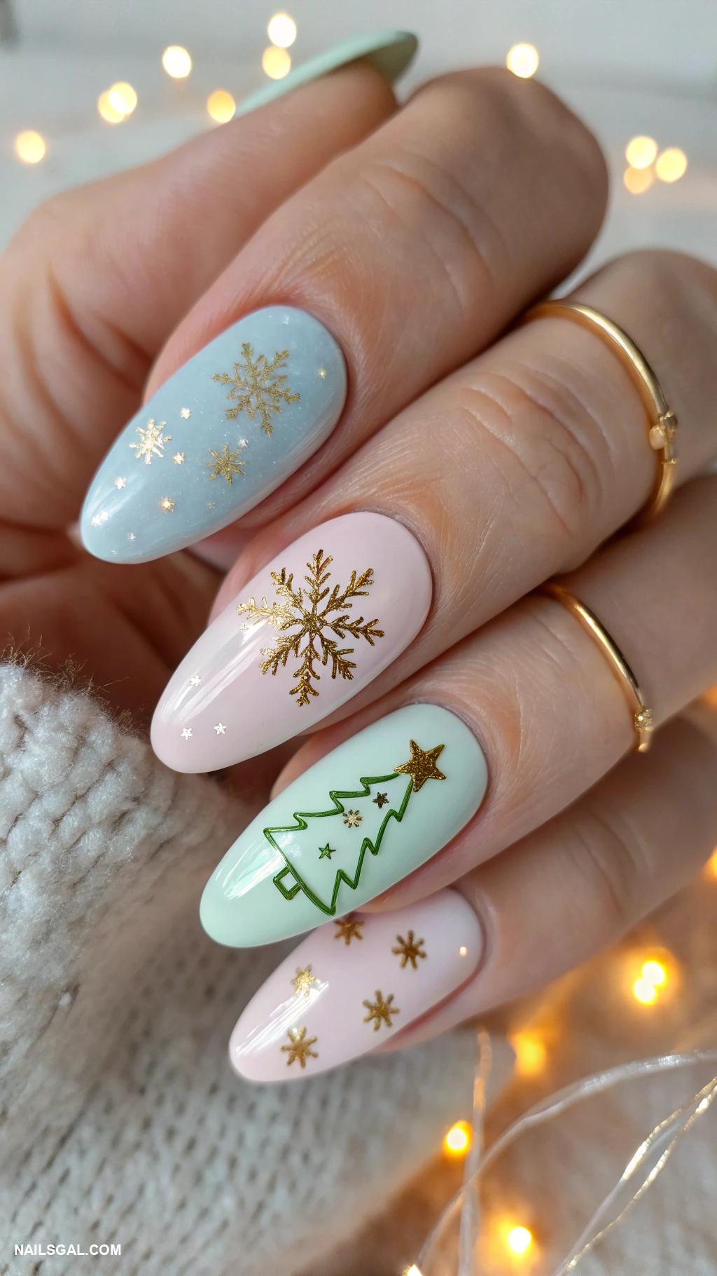 holiday nails Pastel colors with Christmas ornament designs