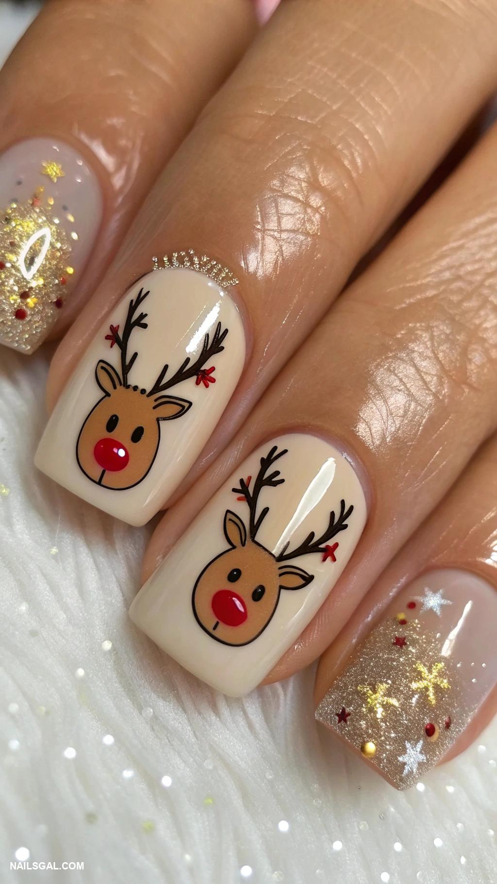 holiday nails Reindeer design with a red nose