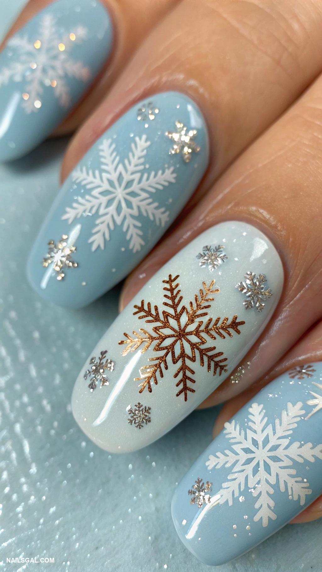 holiday nails Snowflake patterns on a light blue background