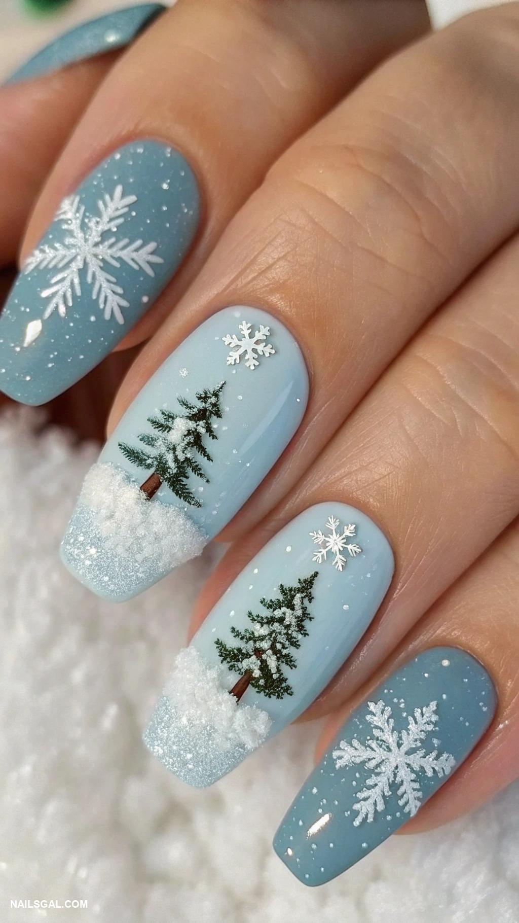 holiday nails Winter wonderland scene with trees and snow