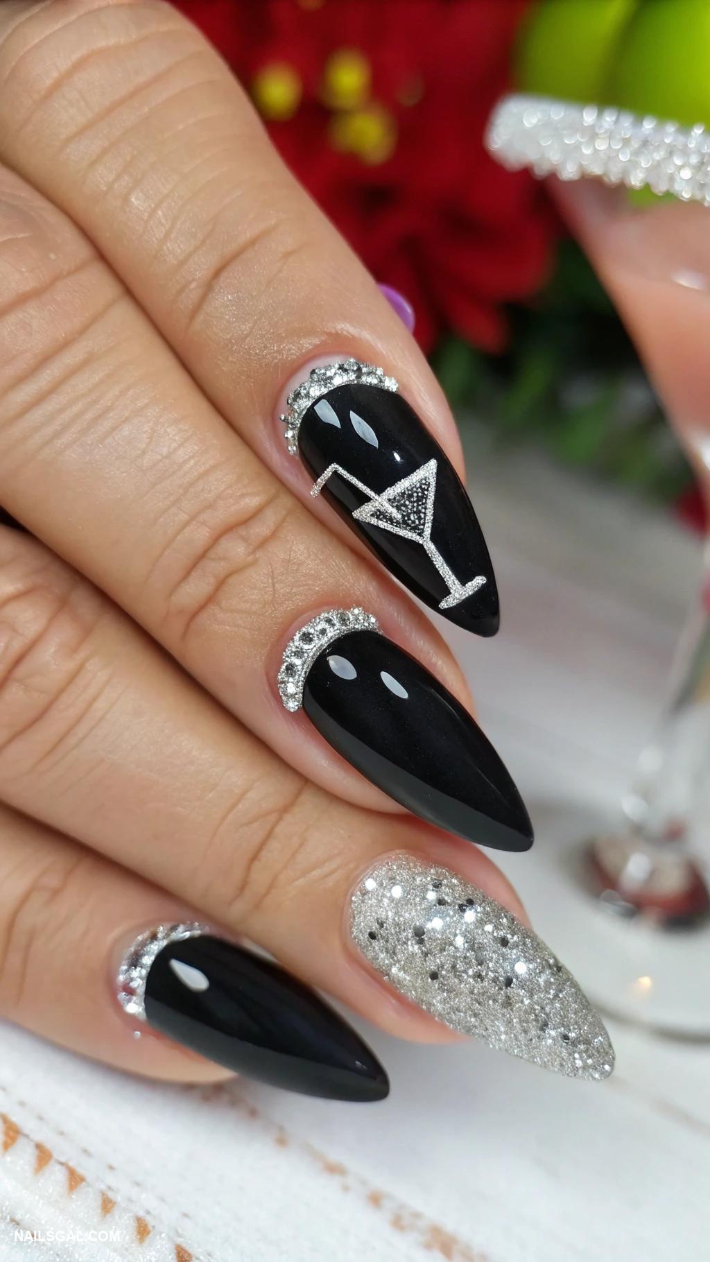 martini nails Bold black martini with silver rim